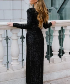 RR Zurich Long Sleeve Sequin Gown | Black