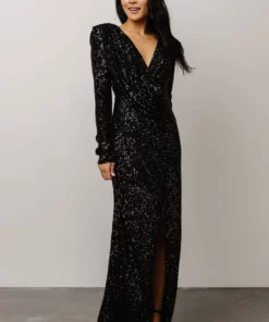 RR Zurich Long Sleeve Sequin Gown | Black