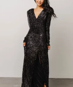 RR Zurich Long Sleeve Sequin Gown | Black