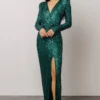 RR Zurich Long Sleeve Sequin Gown | Emerald